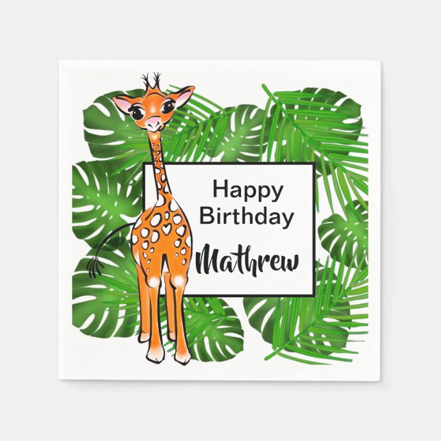 Serviette En Papier Beau Anniversaire Animaux Safari | forêt tropicale (Devant)