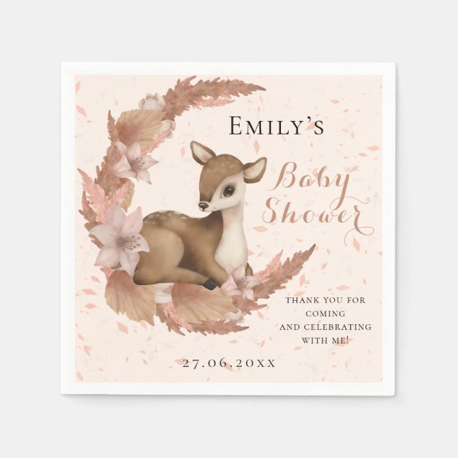 Serviette En Papier Beau Bambi & Fleurs Baby shower rose pastel (Devant)