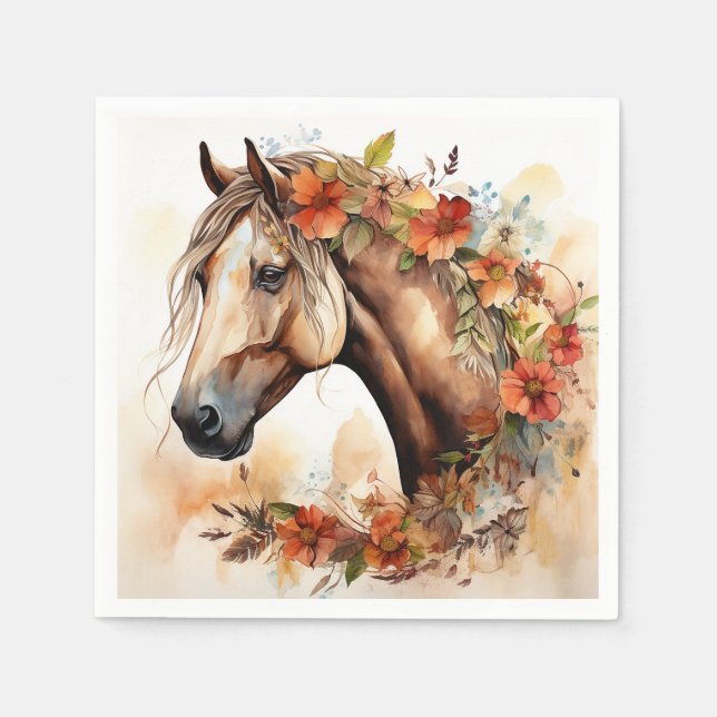 Serviette En Papier Beau Cheval aux jolies fleurs Aquarelle (Devant)