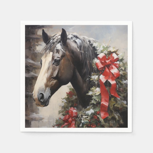 Serviette En Papier Beau Cheval avec Wreath hiver Noël (Devant)