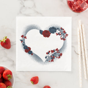 Serviette En Papier Beau coeur d'amour floral rouge et marine
