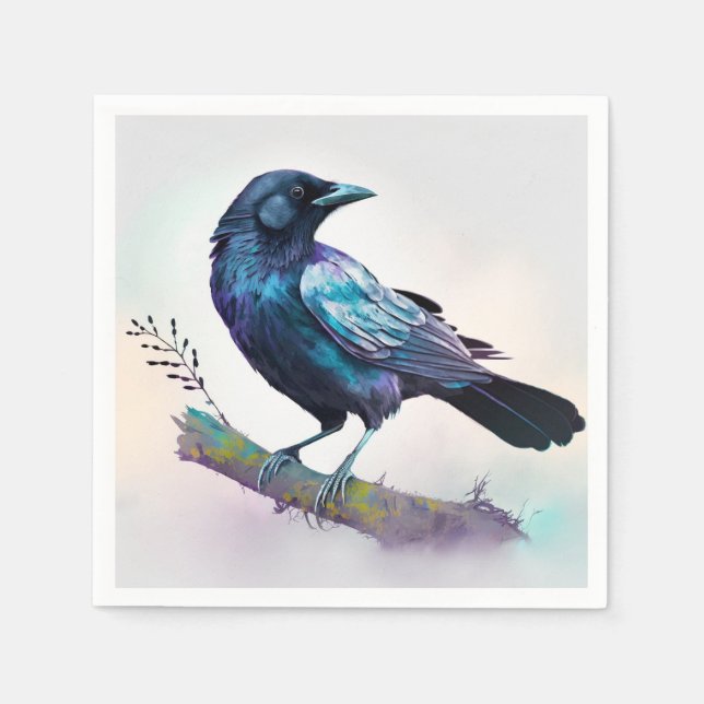 Serviette En Papier Beau Corbeau sur une branche d'arbre (Devant)