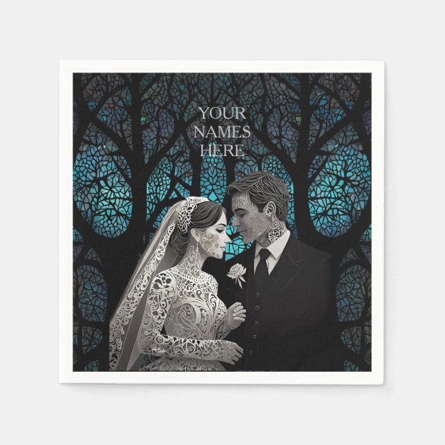 Serviette En Papier Beau couple mariage sur un arbre de vie bleu (Devant)