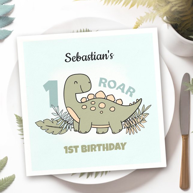 Serviette En Papier Beau Dinosaure Bleu Vert Garçon 1er Anniversaire (Cute Cartoon Dinosaur Blue Green Boy 1st Birthday Napkins)