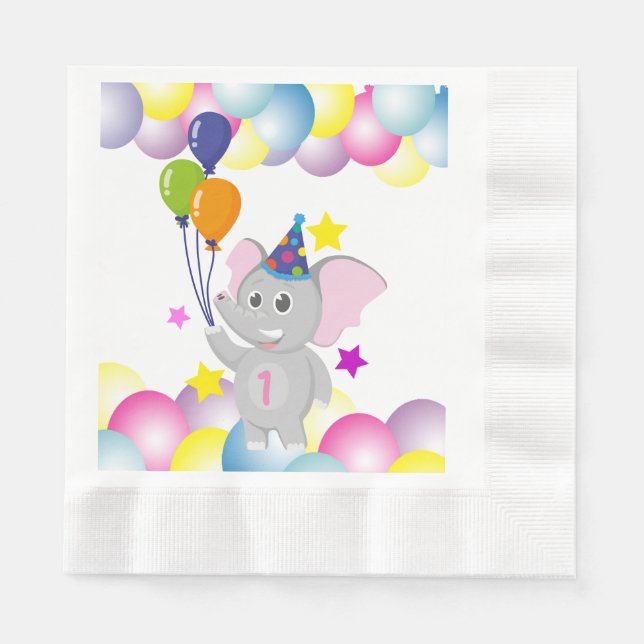 Serviette En Papier Beau éléphant d'anniversaire avec ballons (Devant)