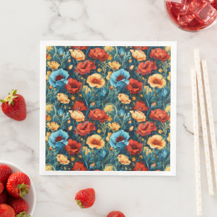 Serviette En Papier Beau Motif de Fleurs Jaunes Bleues et Rouges