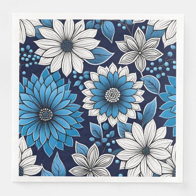 Serviette En Papier Beau motif floral bleu et blanc (Devant)