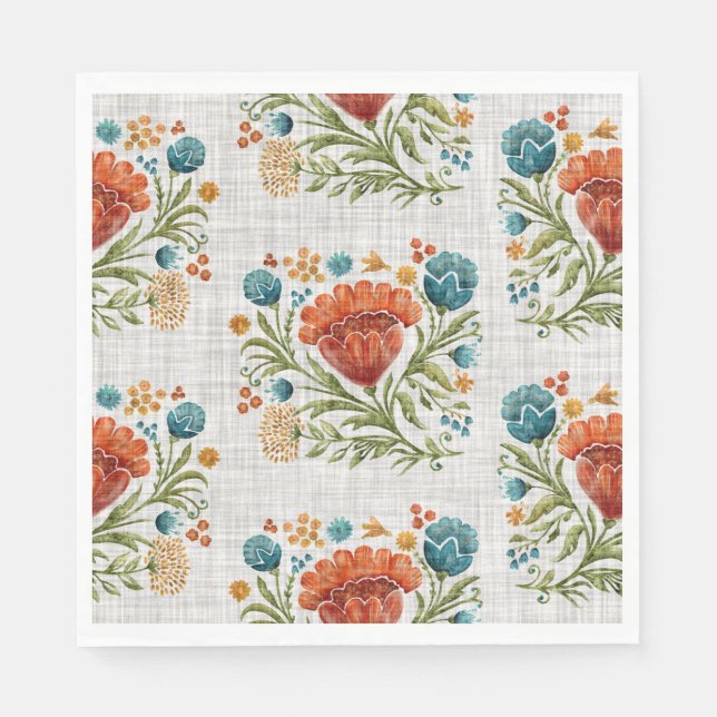 Serviette En Papier Beau motif Floral moderne Orange Bleu Rouge (Devant)