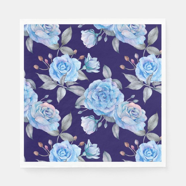 Serviette En Papier Beaux roses bleus, arrière - plan bleu marine, (Devant)
