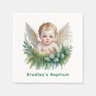 Serviette En Papier Bébé ange à l'aquarelle avec baptême de verdure
