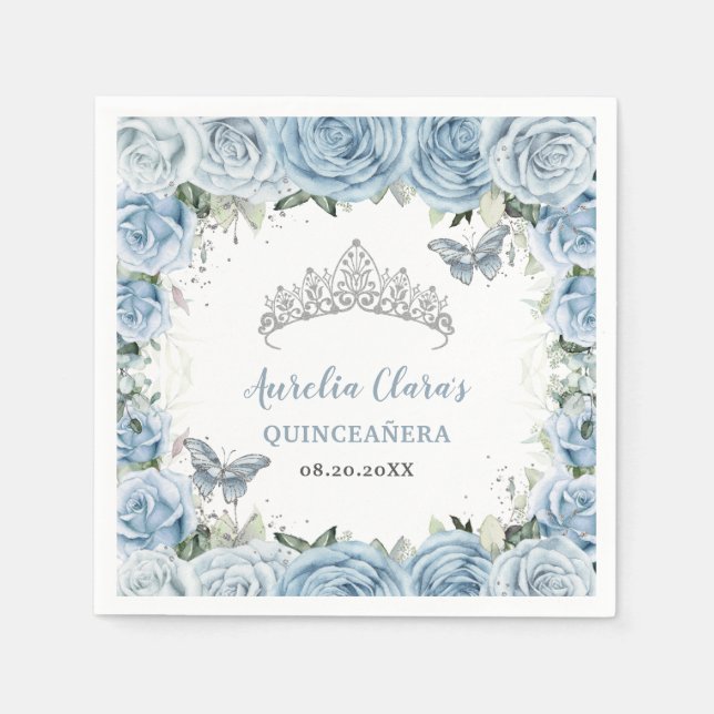 Serviette En Papier Bébé Bleu Papillons Floraux Tiara QUINCEAÑERA (Devant)