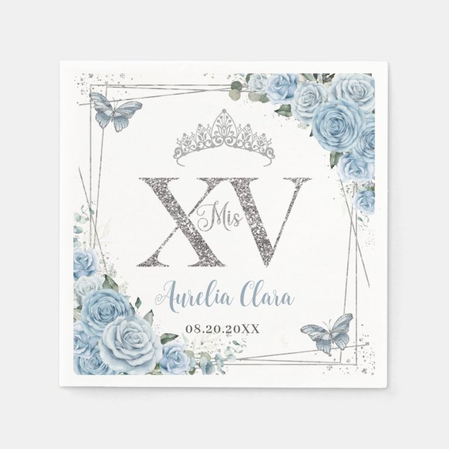Serviette En Papier Bébé Blue Floral Papillons Silver Quinceañera XV (Devant)
