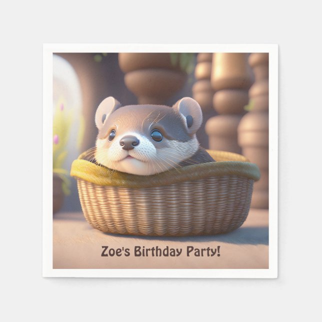 Serviette En Papier Bébé de loutre mignon dans un panier - anniversair (Devant)