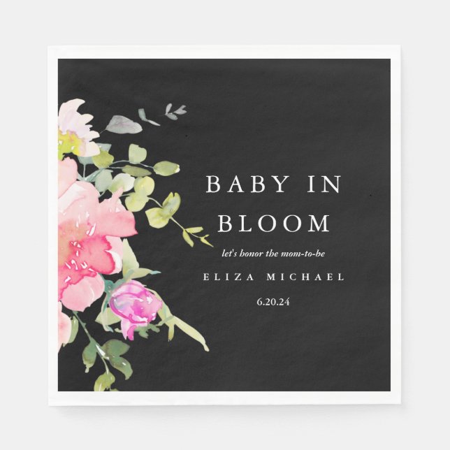 Serviette En Papier Bébé en Fleur Aquarelle Baby shower Floral Noir (Devant)