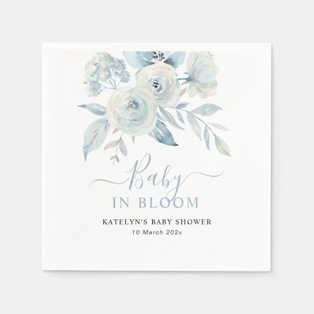 Serviette En Papier bébé en fleur baby shower floral bleu poussiéreux (Devant)