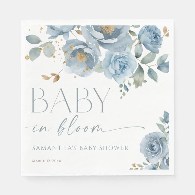 Serviette En Papier Bébé en Fleur Dusty bleu fleuri baby shower garçon (Devant)