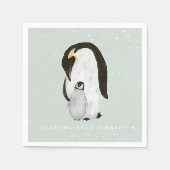 Serviette En Papier Bébé et Mama Penguin Blue Winter Boy Baby shower (Devant)