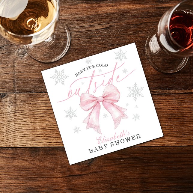Serviette En Papier Bébé il fait froid dehors Arc rose Hiver Baby Show (Baby It’s Cold Outside Pink Bow Winter Baby Shower Napkins)