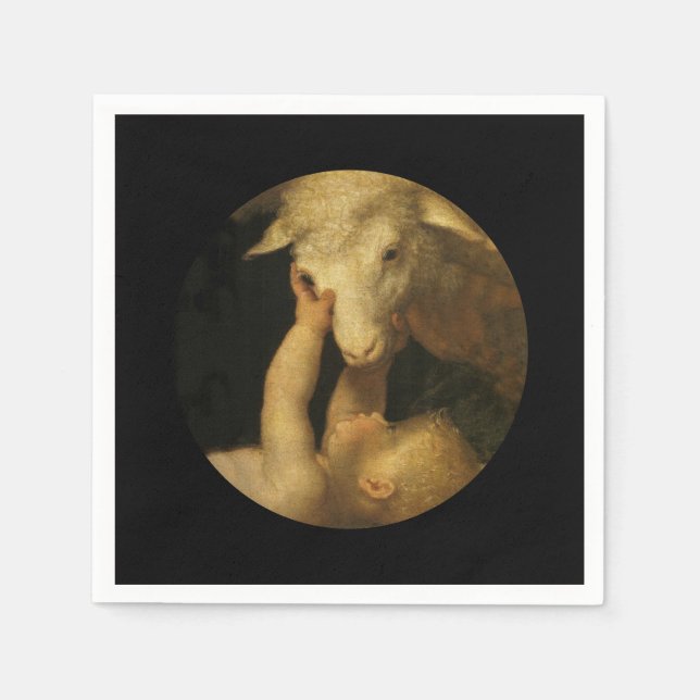 Serviette En Papier Bébé Jésus Touchant le visage de l'agneau (Devant)
