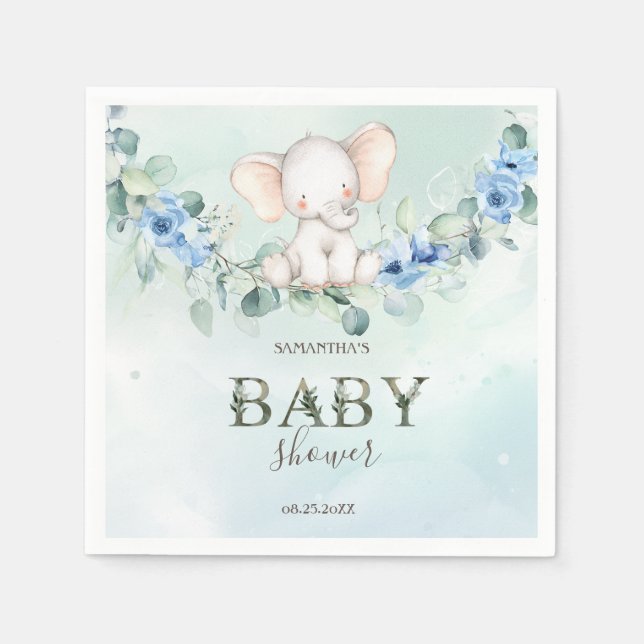 Serviette En Papier Bébé mignon Eléphant Bleu Roses (Devant)