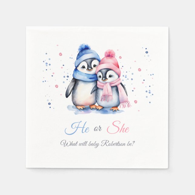 Serviette En Papier Bébé Penguins Lui ou elle Hiver Automne Sexe Révél (Devant)