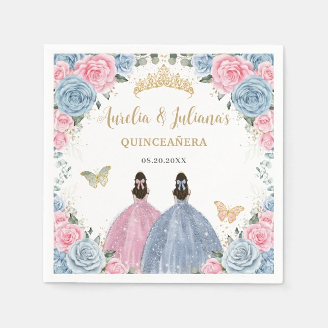 Serviette En Papier Bébé rose Bleu Floral Princesses Twins Quinceañera (Devant)