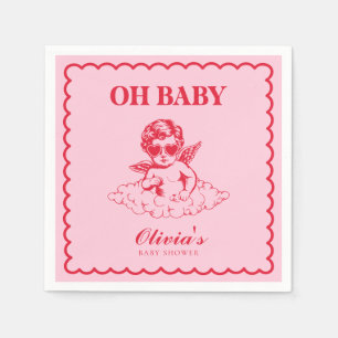 Serviette En Papier Bébé Rose et Rouge Rétro Chérubin Baby Shower