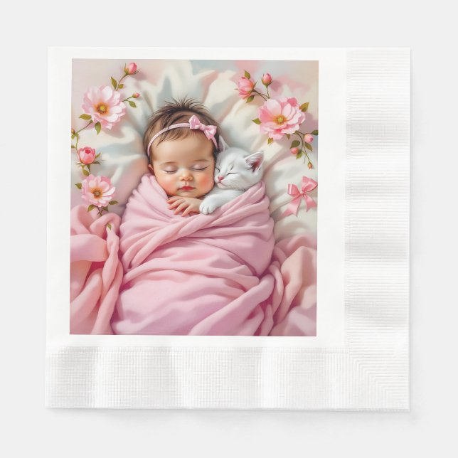 Serviette En Papier Bébé rose floral fille et chaton blanc (Devant)