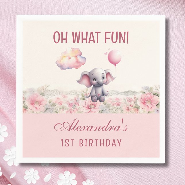 Serviette En Papier Bébé rose mignonne fille éléphant 1er anniversaire (Créateur téléchargé)
