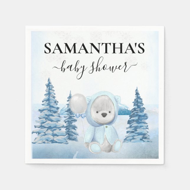 Serviette En Papier Bébé Teddy Ours Noël Hiver Bleu (Devant)