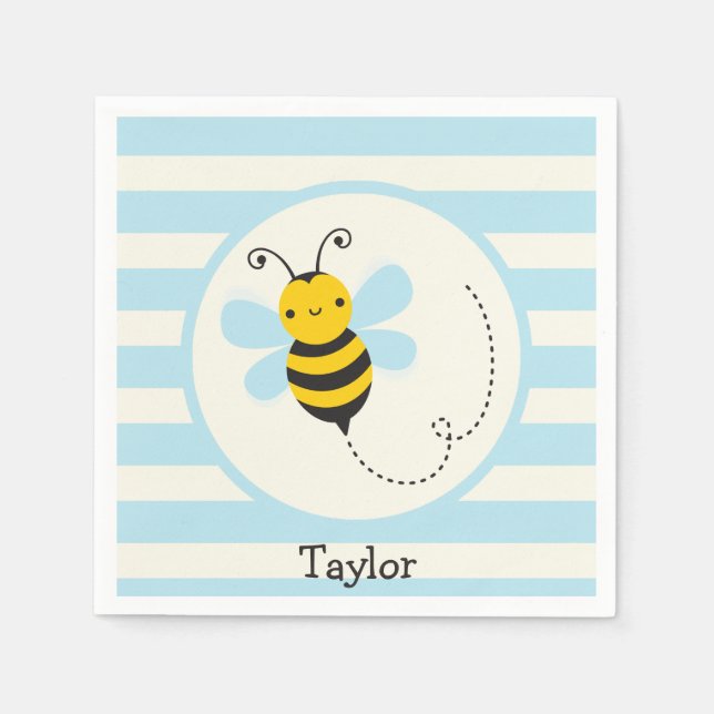 Serviette En Papier Belle Abeille jaune et noire sur Bébé Bleu Stripes (Devant)