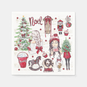 Serviette En Papier Belle Aquarelle Rouge éléments de Noël