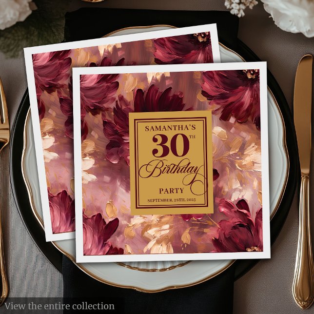 Serviette En Papier Belle Brousse Bourgogne Or Boho 30e anniversaire (Lovely Blush Burgundy Gold Boho 30th Birthday Napkins)