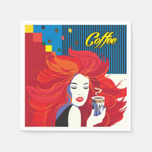 Serviette En Papier "Belle Femme de mode avec Café Cup" Pop Art