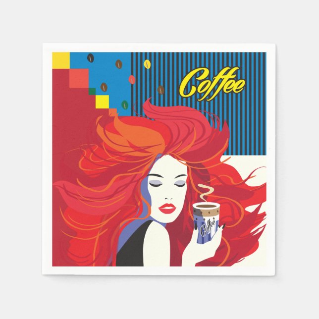 Serviette En Papier "Belle Femme de mode avec Café Cup" Pop Art (Devant)