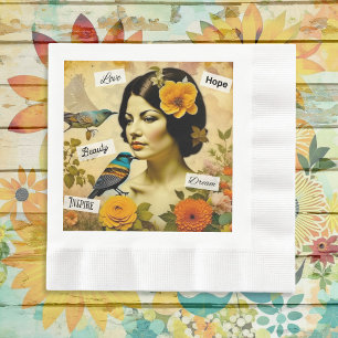 Serviette En Papier Belle femme vintage avec oiseaux et fleurs
