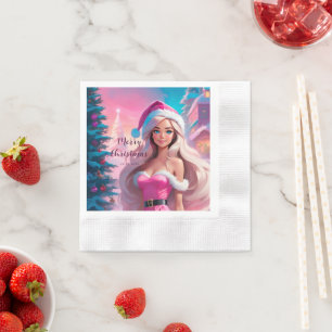 Serviette En Papier Belle fille de Noël rose 01