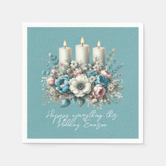 Serviette En Papier Belle Fleurs de Noël Turquoise Bougies (Devant)