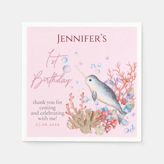 Serviette En Papier Belle mer bébé Narwhal coquilles Anniversaire (Devant)