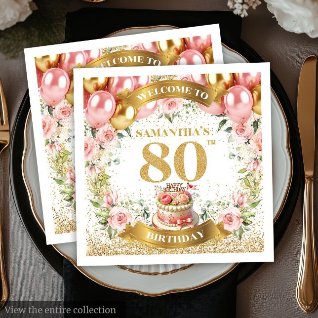 Serviette En Papier Belle Parties scintillant d'or Blush 80e Anniversa (Beautiful Blush Gold Glitter 80th Birthday Napkins)