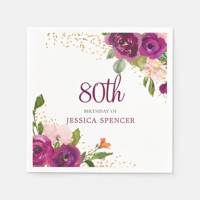 Serviette En Papier Belle rose florale 80e fête d'anniversaire (Devant)