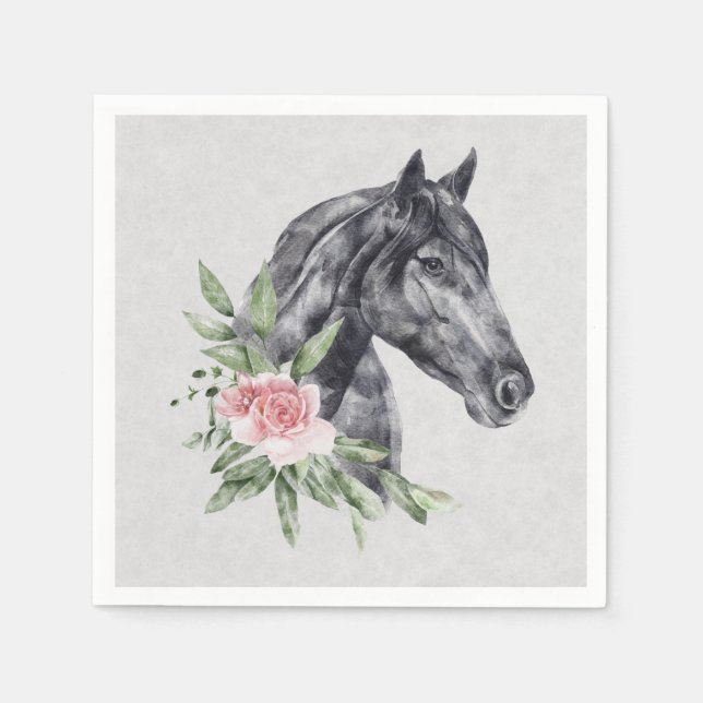 Serviette En Papier Belle tête de cheval noir Portrait d'aquarelle (Devant)