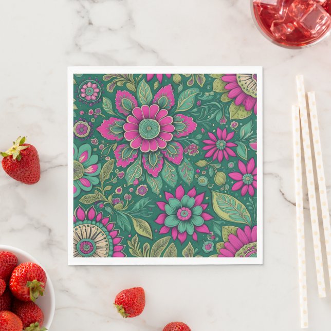 Serviette En Papier Belles fleurs Mandala Fleurs vert rose (En situation)