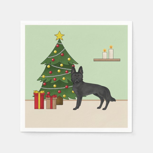 Serviette En Papier Berger Allemand Noir Et Arbre De Noël Festif (Devant)