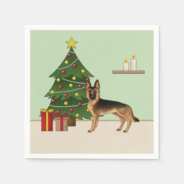 Serviette En Papier Berger Allemand Noir Et Tan Et Arbre De Noël (Devant)