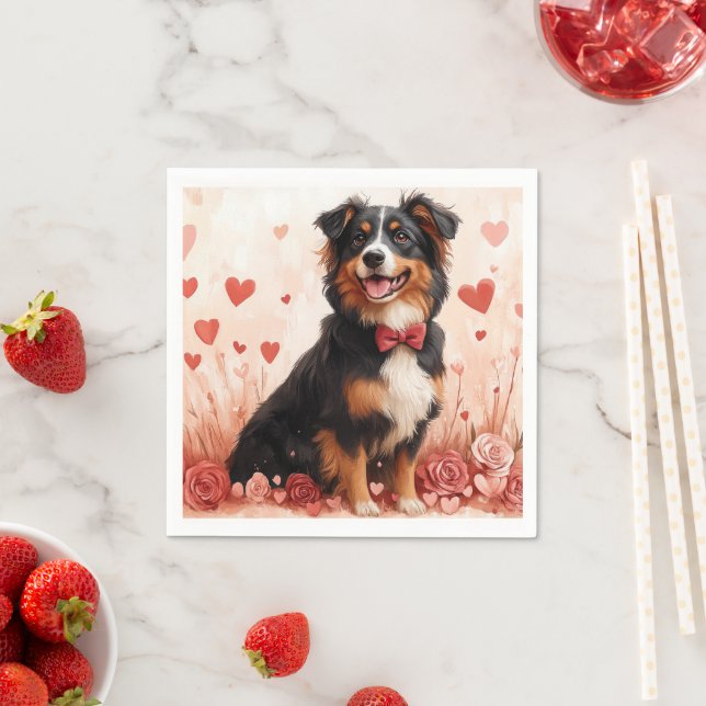 Serviette En Papier Berger australien avec Rose - Saint Valentin (En situation)