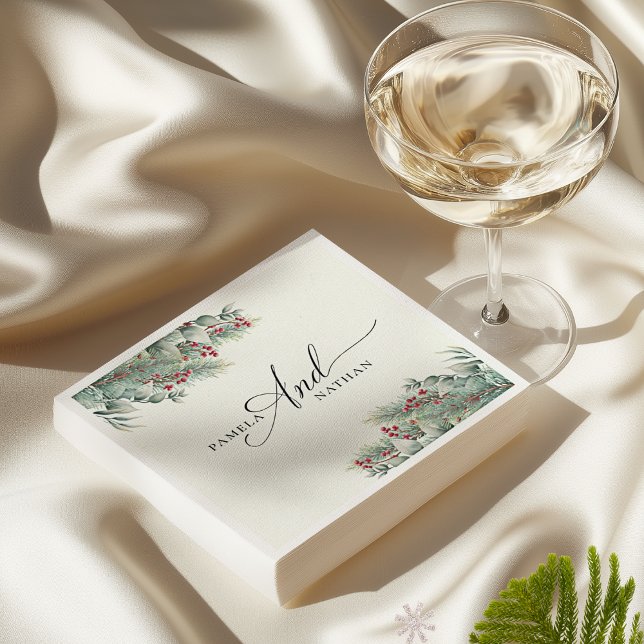 Serviette En Papier Berries d'hiver et Pine Aquarelle Mariage de verdu (Créateur téléchargé)