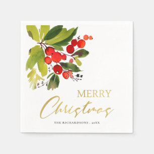 SERVIETTE EN PAPIER BERRIES ROUGES VERTES COULEUR D'EAU MERRY NOËL