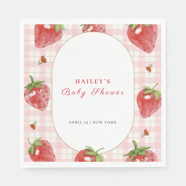 Serviette En Papier Berry aux fraises roses En vichy Baby shower sucré (Devant)