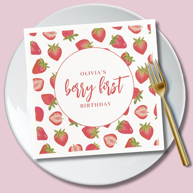 Serviette En Papier Berry First Birthday Girls fraise (Personalised girls paper napkins for berry first birthday party.)